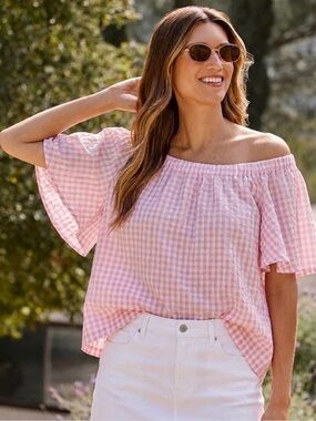 Belle By Belldini Pink Gingham Scoop Neck Women's Top Size Medium NWT